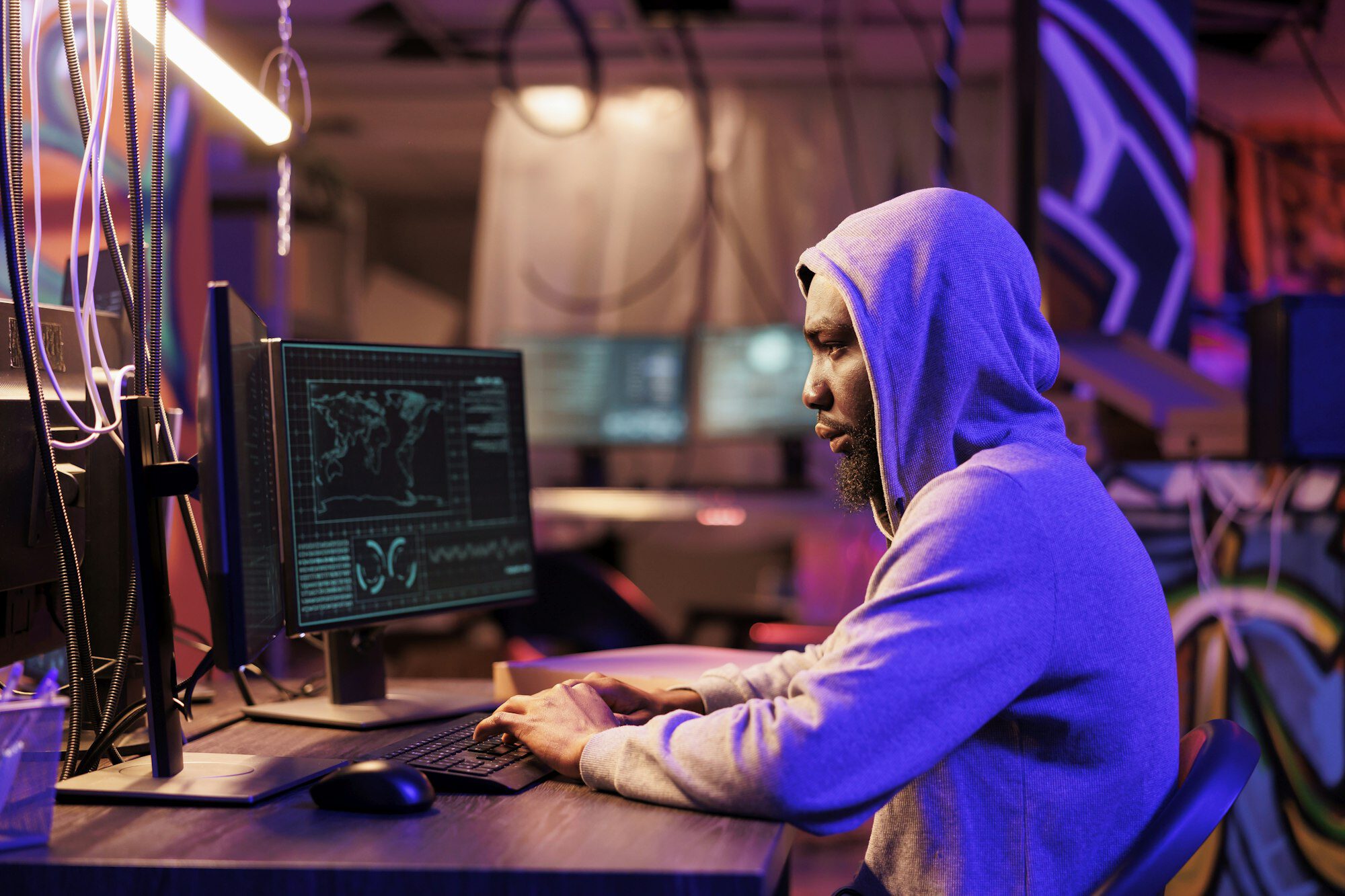 Hacker coding in abandoned warehouse